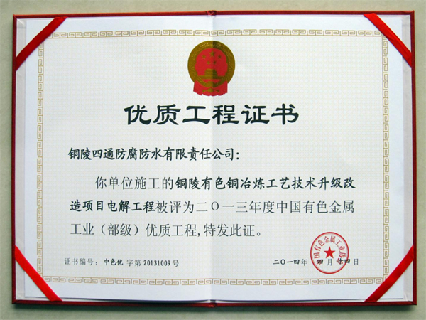 銅陵有色“雙閃”40萬(wàn)噸銅冶煉工藝技術(shù)升級(jí)項(xiàng)目部?jī)?yōu)工程獎(jiǎng).jpg
